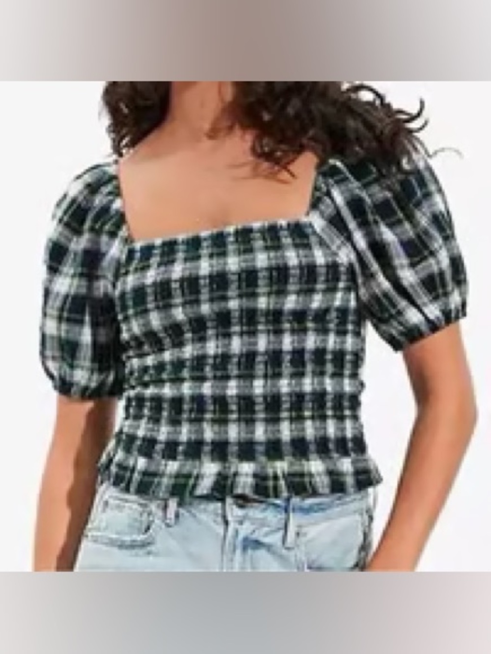 American Eagle Outfitters Navy Plaid Puff Sleeve Blouse